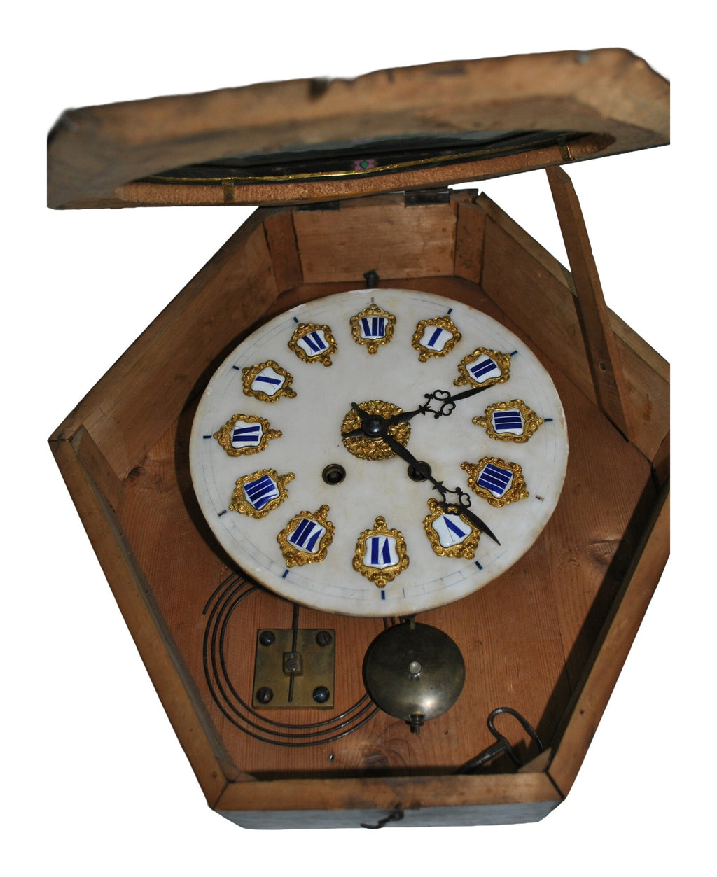 Hexagonal Ebonized Wall Clock with Floral Decoration — original detail view 1