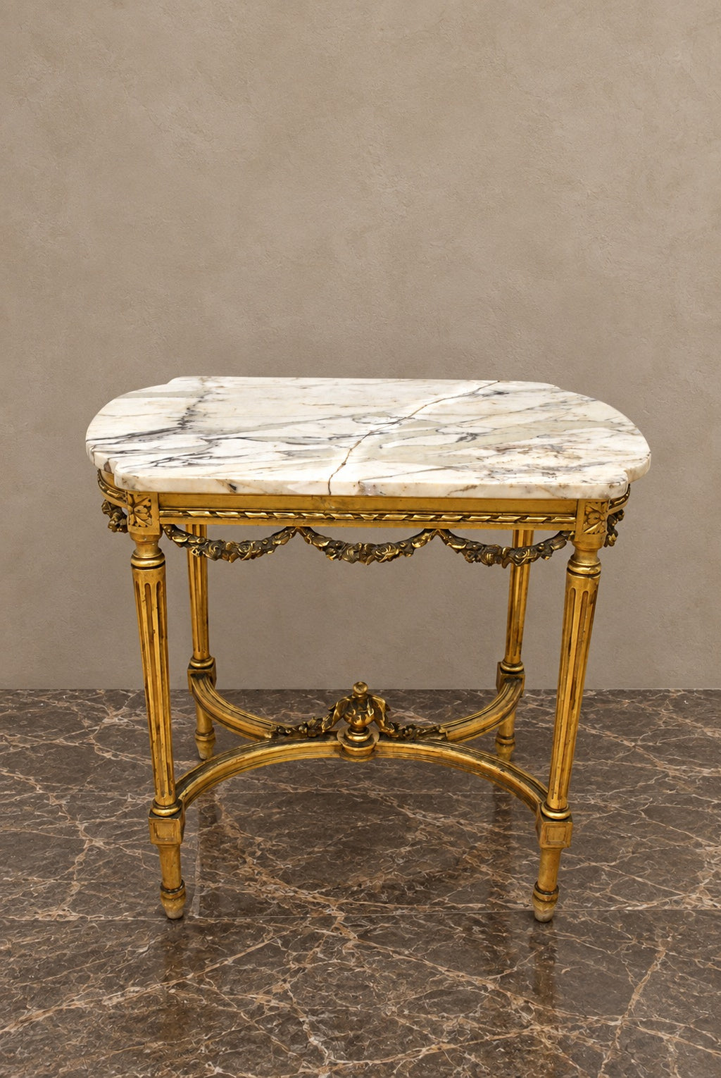 Gilt Louis XVI-Style Console with White Marble Top — styled main view