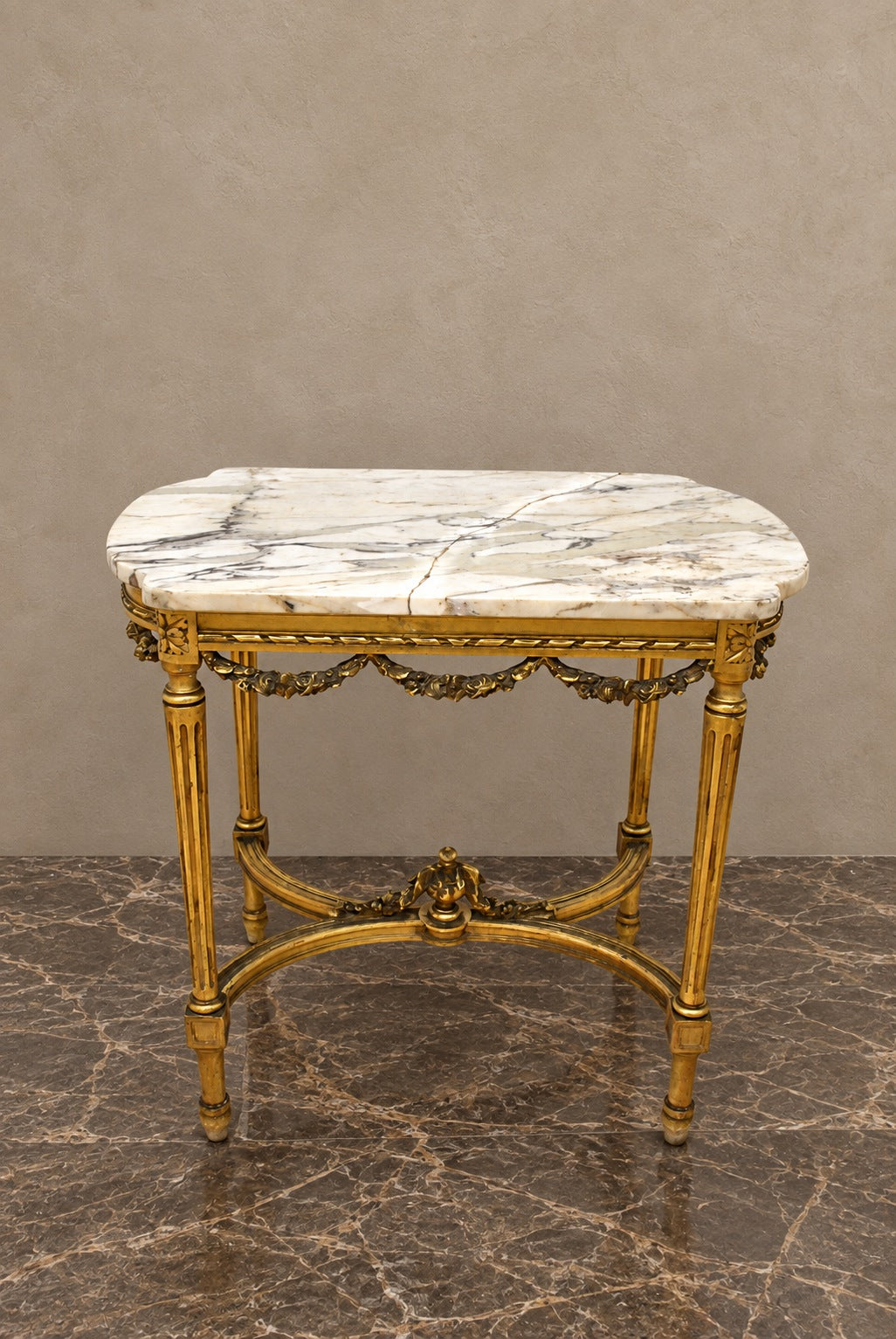 Gilt Louis XVI-Style Console with White Marble Top — styled main view