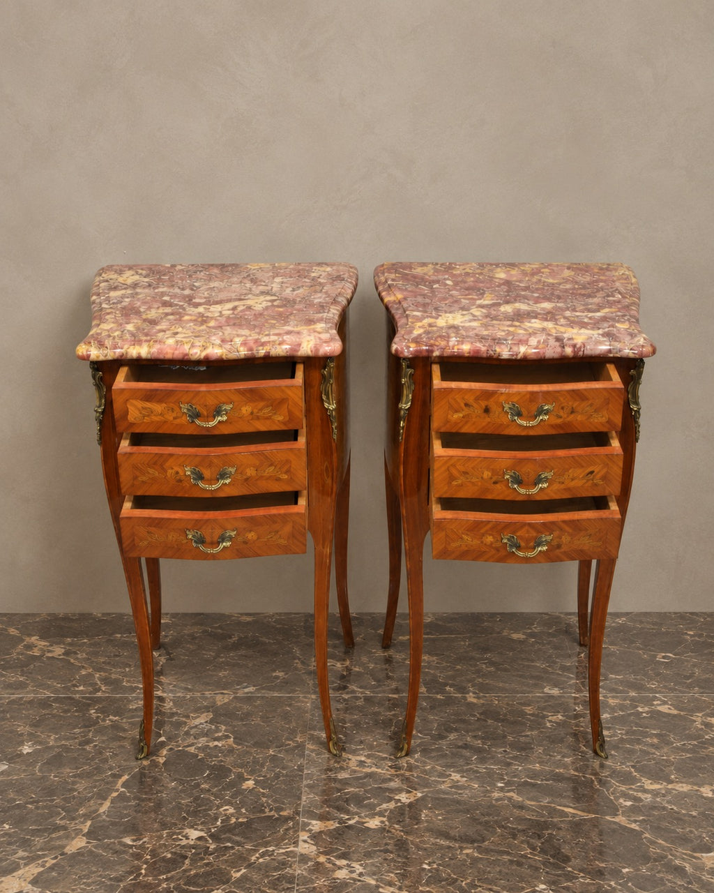 Pair of Louis XV-Style Rose-Marble Bedside Chests — styled main view