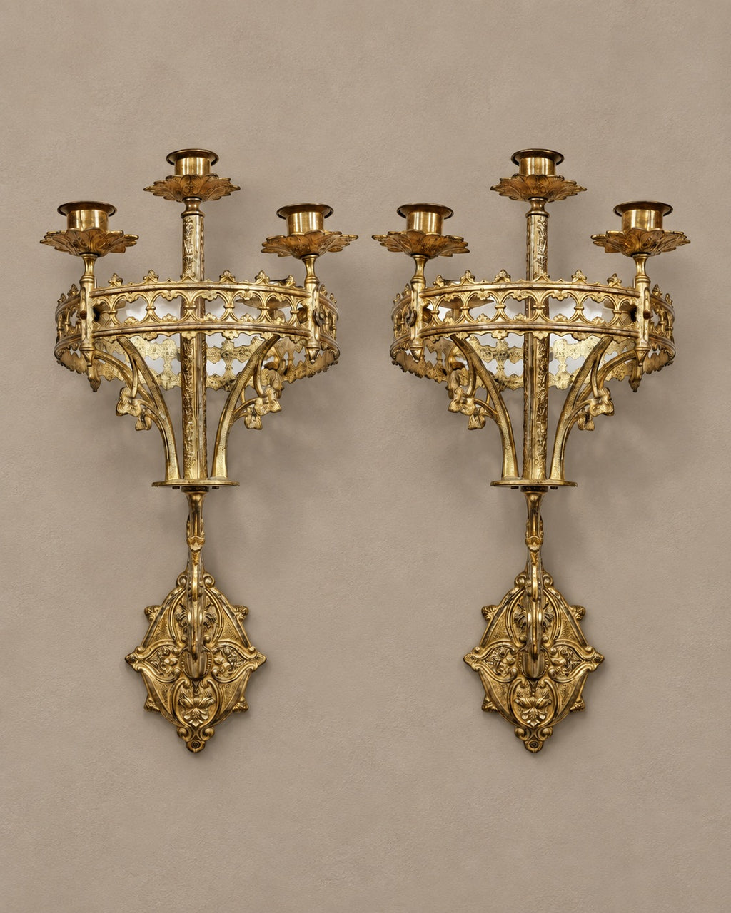 Pair of Gothic Gilt-Bronze Wall Candelabra — styled main view