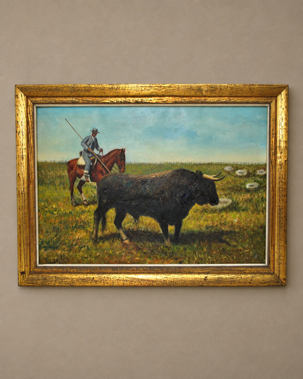 Spanish Pastoral Bull and Horseman Oil Painting — styled main view