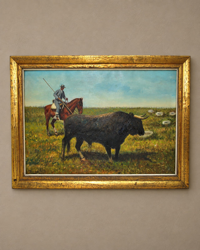 Spanish Pastoral Bull and Horseman Oil Painting