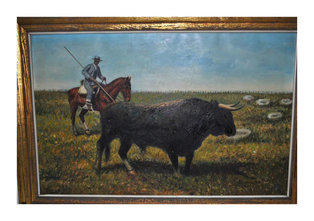Spanish Pastoral Bull and Horseman Oil Painting — original detail view 1