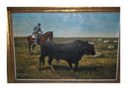 Spanish Pastoral Bull and Horseman Oil Painting — original detail view 1