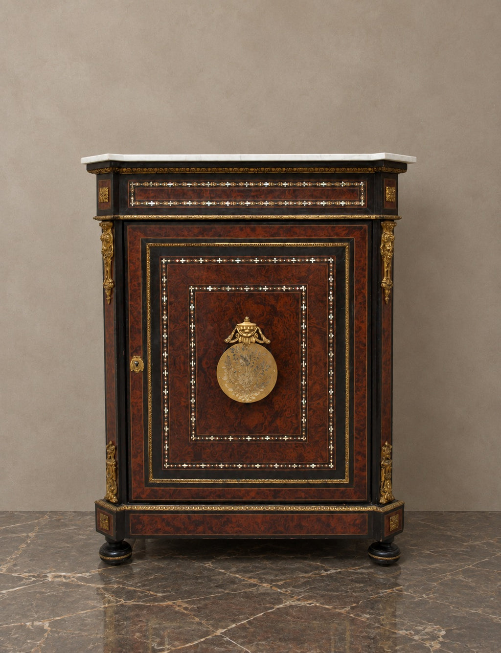 Empire-Style Burr-Walnut Cabinet with Marble Top — styled main view