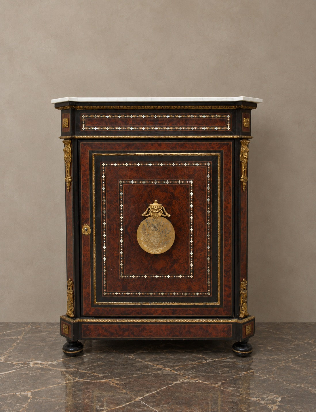 Empire-Style Burr-Walnut Cabinet with Marble Top — styled main view
