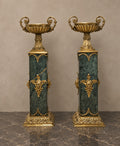 Pair of Green-Marble Pedestals with Bronze Urns — styled main view