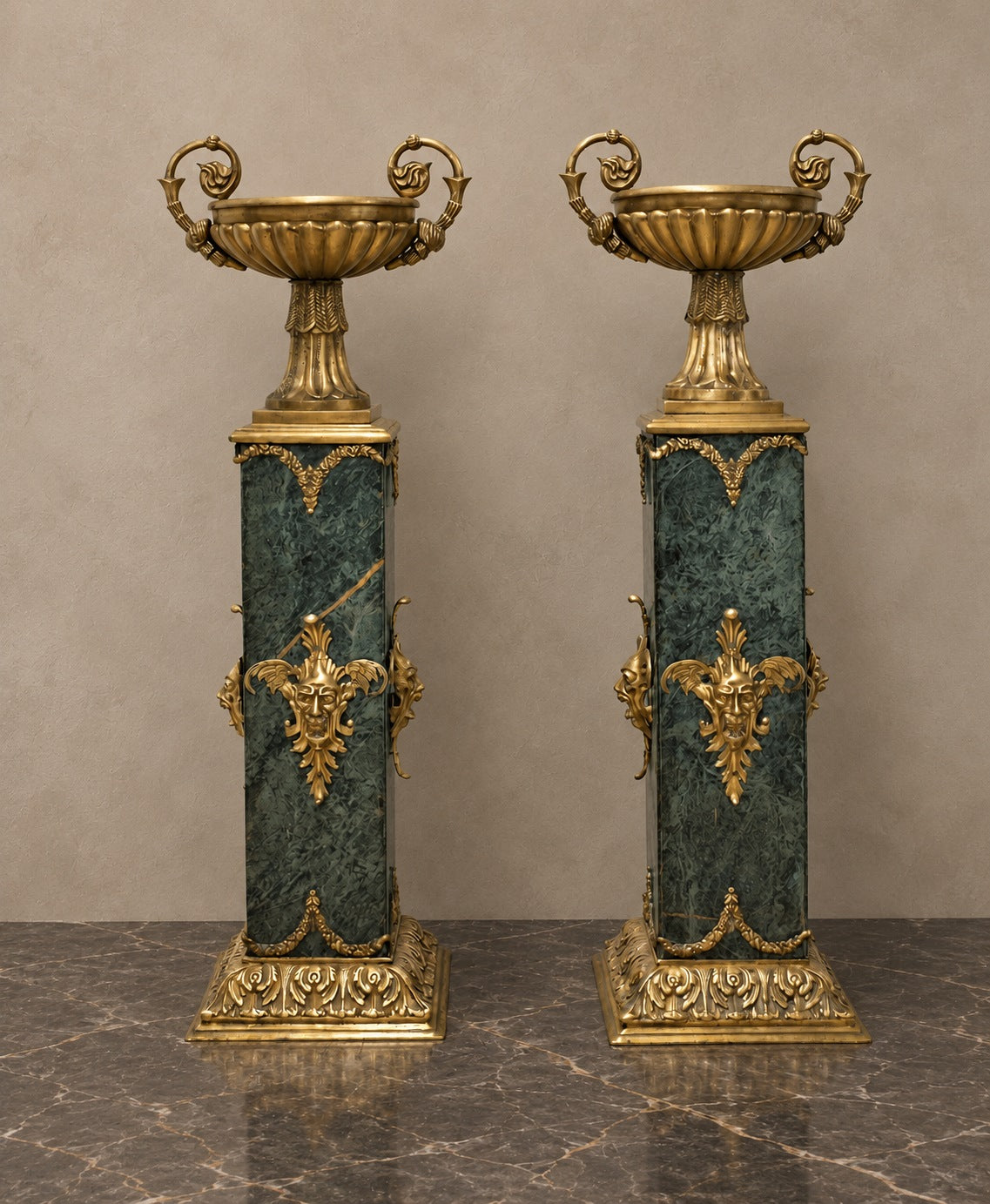 Pair of Green-Marble Pedestals with Bronze Urns — styled main view