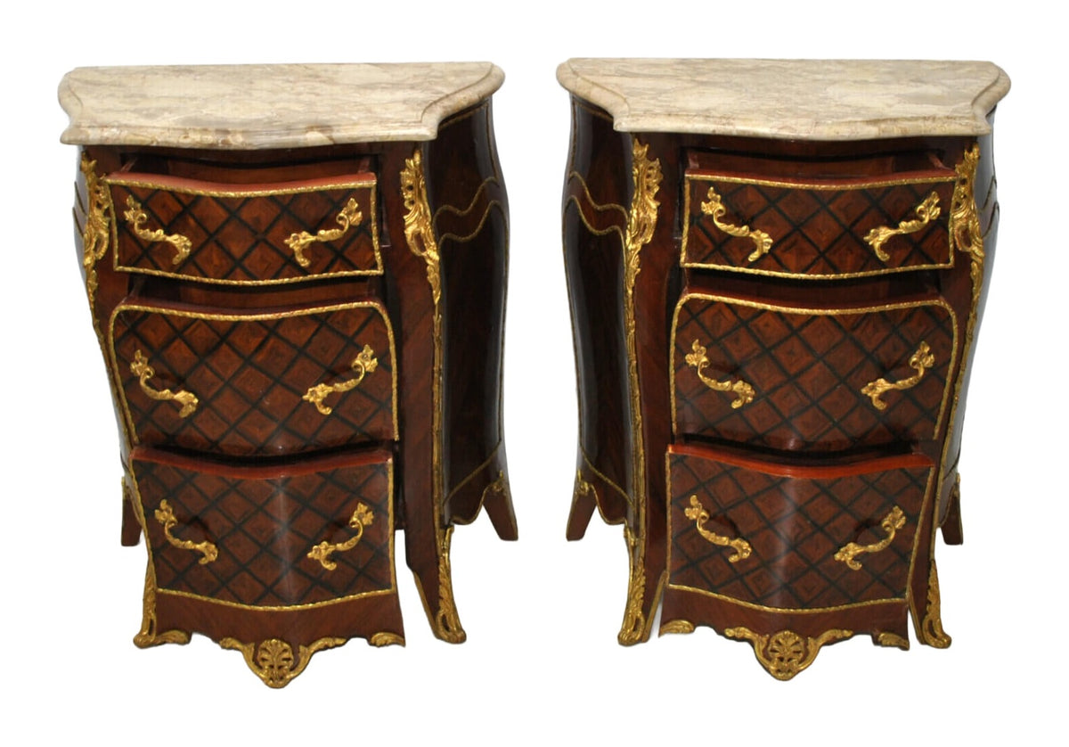 Pair of Louis XV-Style Bombé Marble-Top Cabinets — original detail view 1