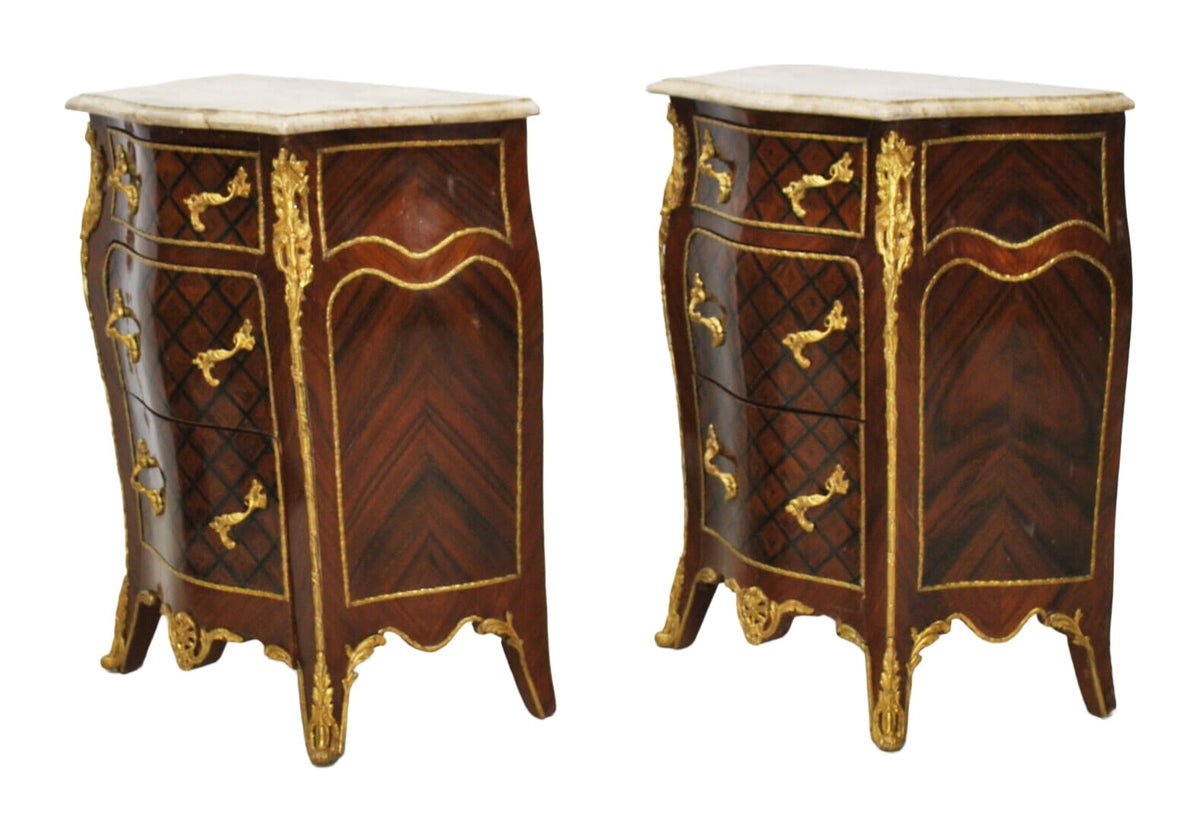 Pair of Louis XV-Style Bombé Marble-Top Cabinets — original detail view 2