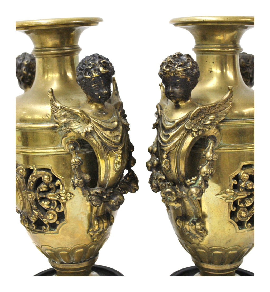 Pair of Bronze Amphora Vases with Cherub Handles — original detail view 1