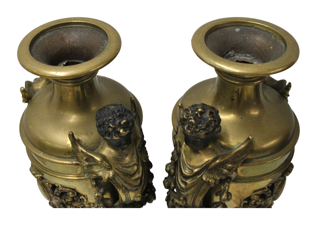Pair of Bronze Amphora Vases with Cherub Handles — original detail view 2