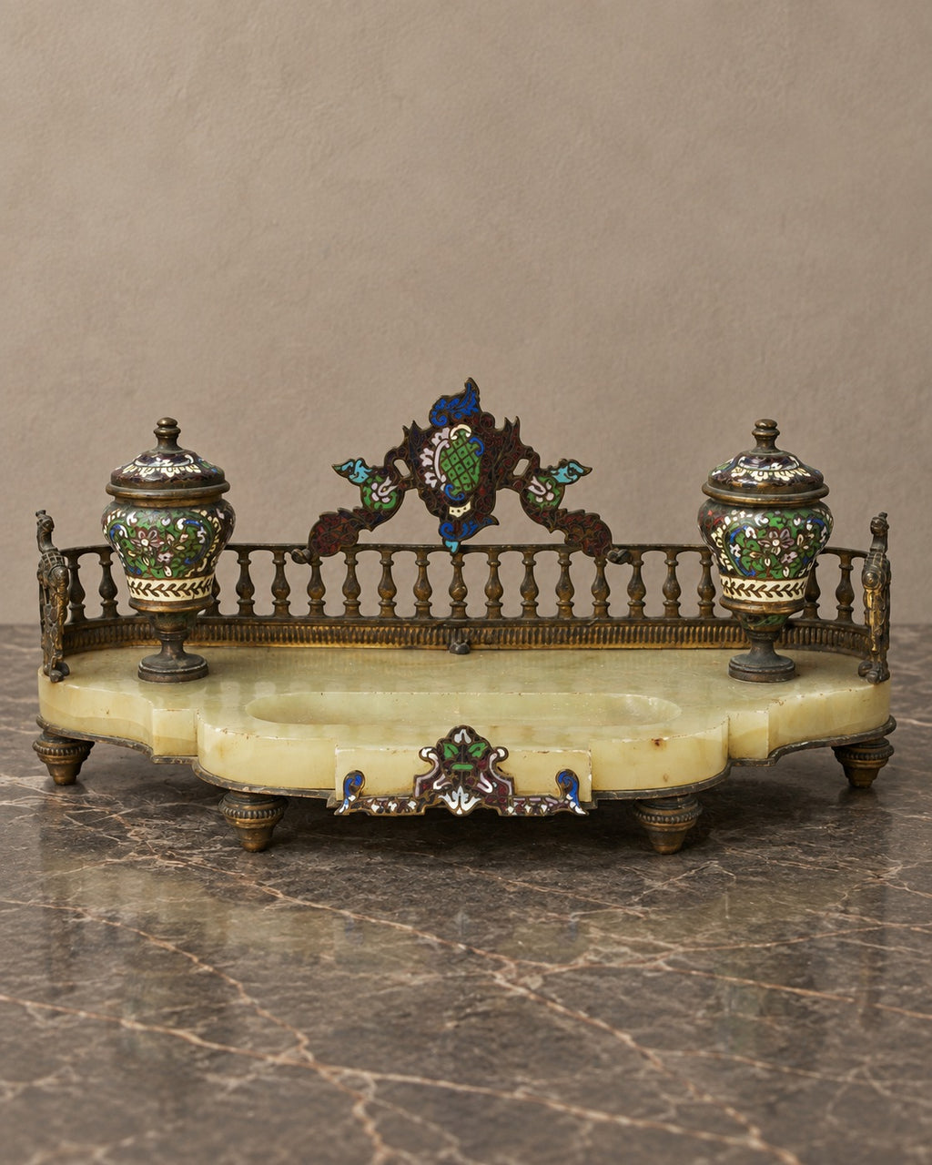 Onyx-Type Stone and Cloisonné Double Inkstand — styled main view