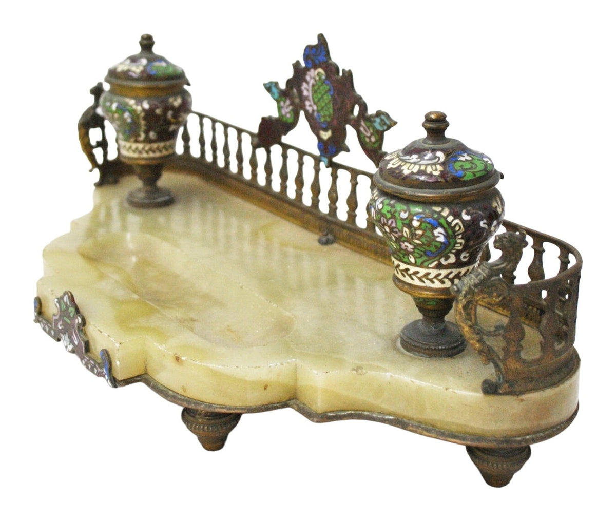 Onyx-Type Stone and Cloisonné Double Inkstand — original detail view 1