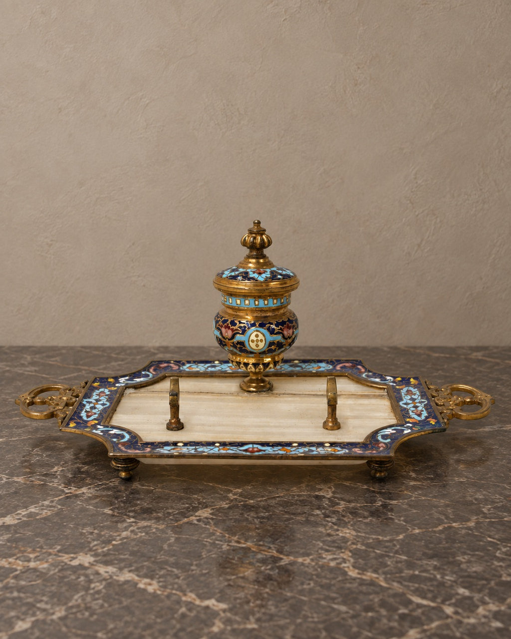 Marble and Cloisonné Inkstand with Pen Rests — styled main view