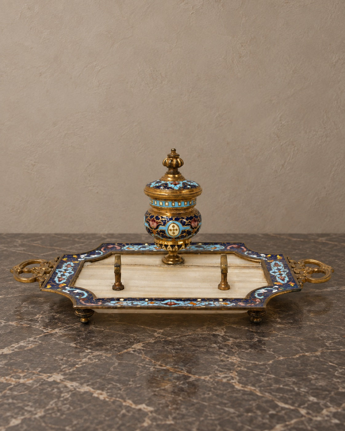 Marble and Cloisonné Inkstand with Pen Rests — styled main view