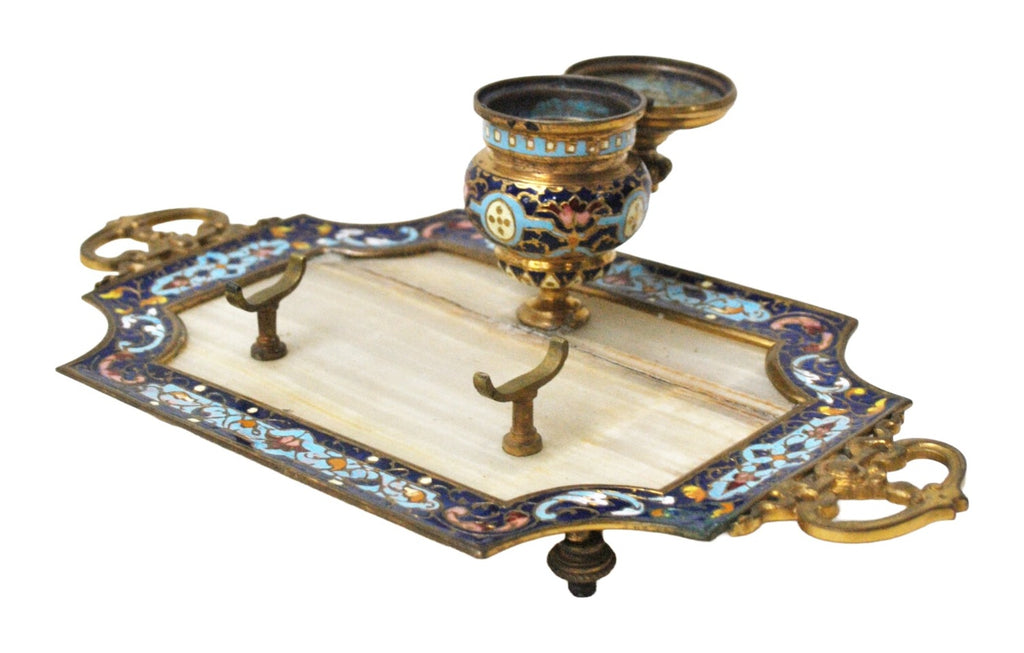 Marble and Cloisonné Inkstand with Pen Rests — original detail view 1