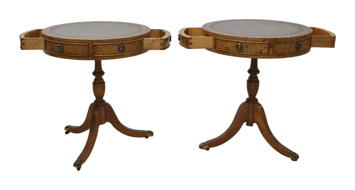 Pair of Regency-Style Leather-Top Drum Tables — original detail view 1