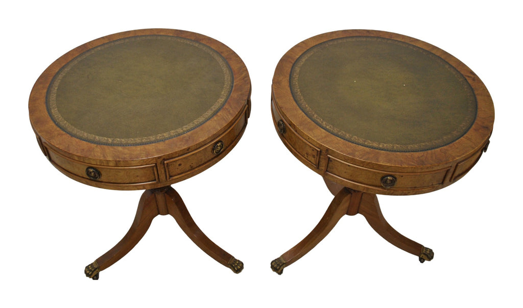 Pair of Regency-Style Leather-Top Drum Tables — original detail view 2