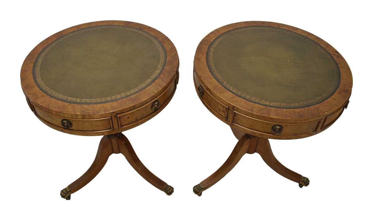 Pair of Regency-Style Leather-Top Drum Tables — original detail view 2