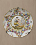 Romantic-Scene Porcelain Plate with Applied Flowers — styled main view
