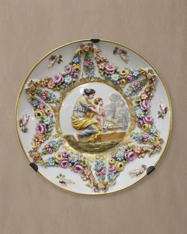 Romantic-Scene Porcelain Plate with Applied Flowers