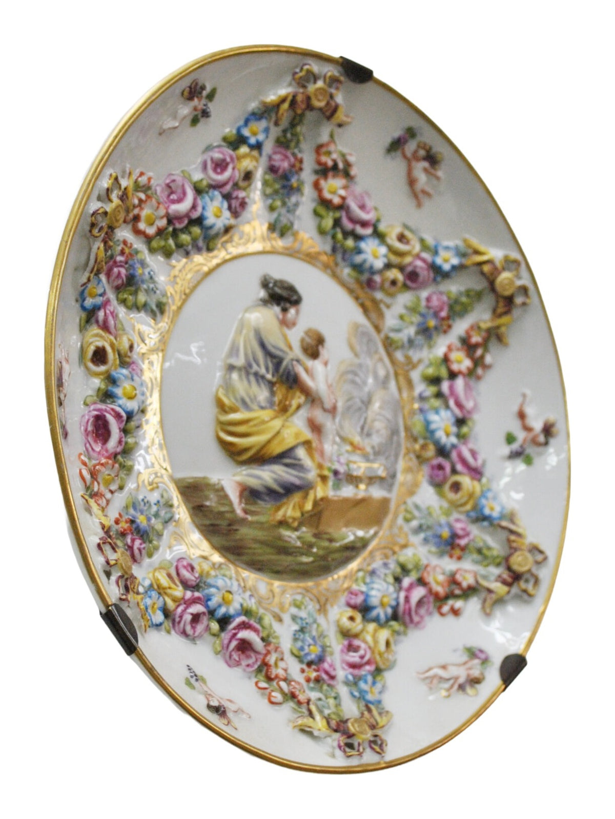 Romantic-Scene Porcelain Plate with Applied Flowers — original detail view 1