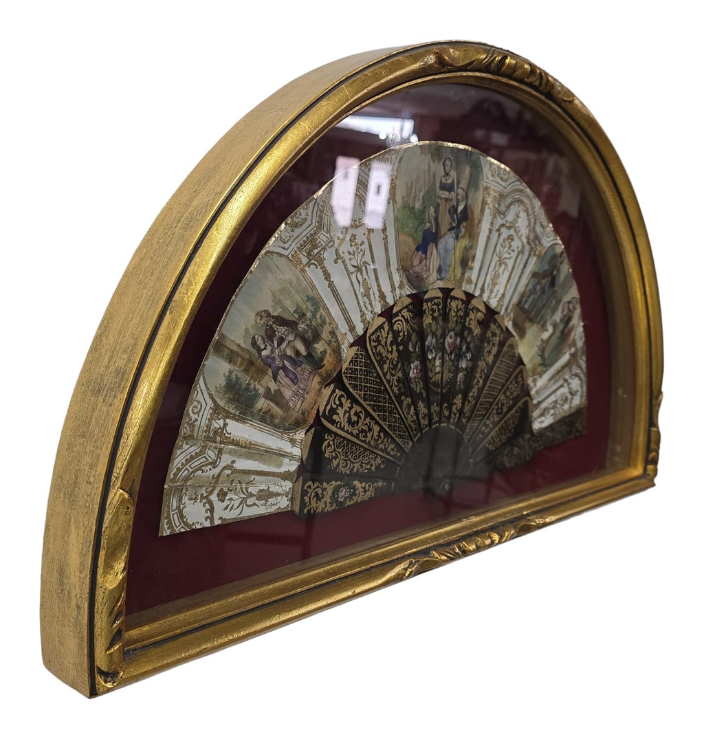 Isabelino-Style Painted Fan in Gilt Display Case — original detail view 1