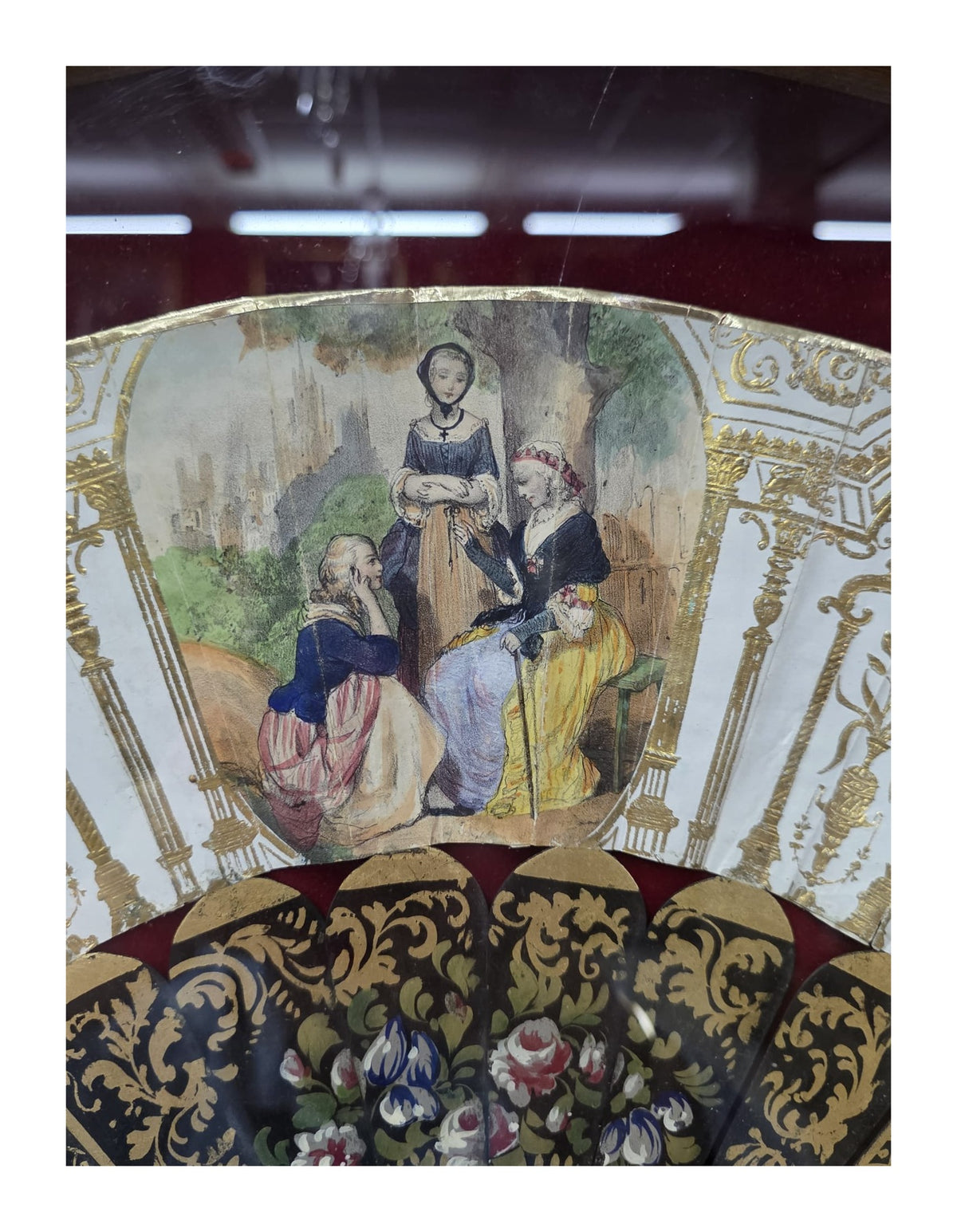Isabelino-Style Painted Fan in Gilt Display Case — original detail view 2