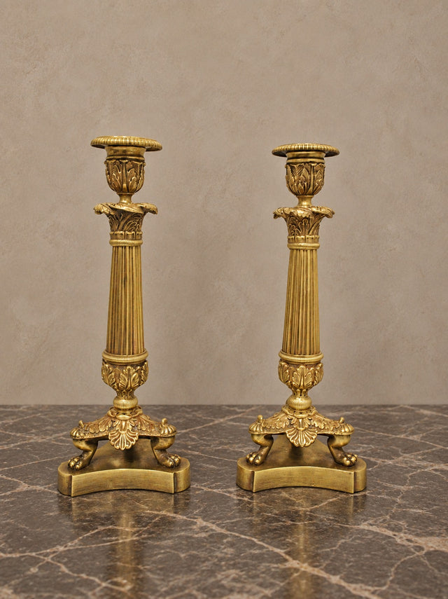 Pair of Empire-Style Bronze Column Candlesticks