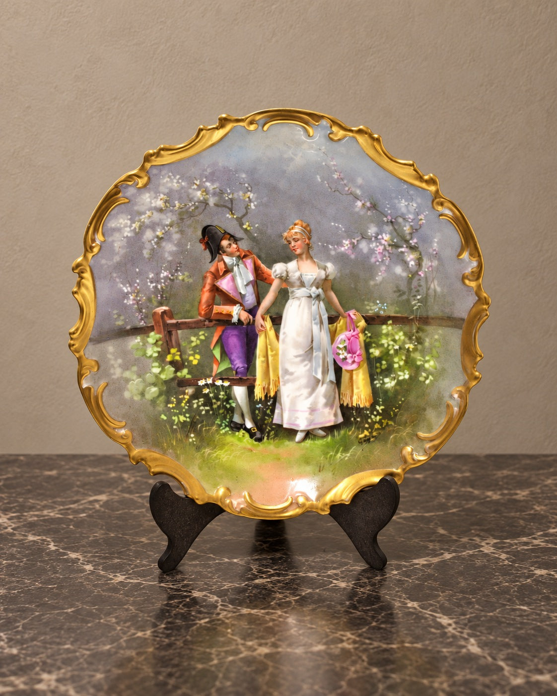 Limoges Porcelain Plate with Romantic Garden Scene — styled main view