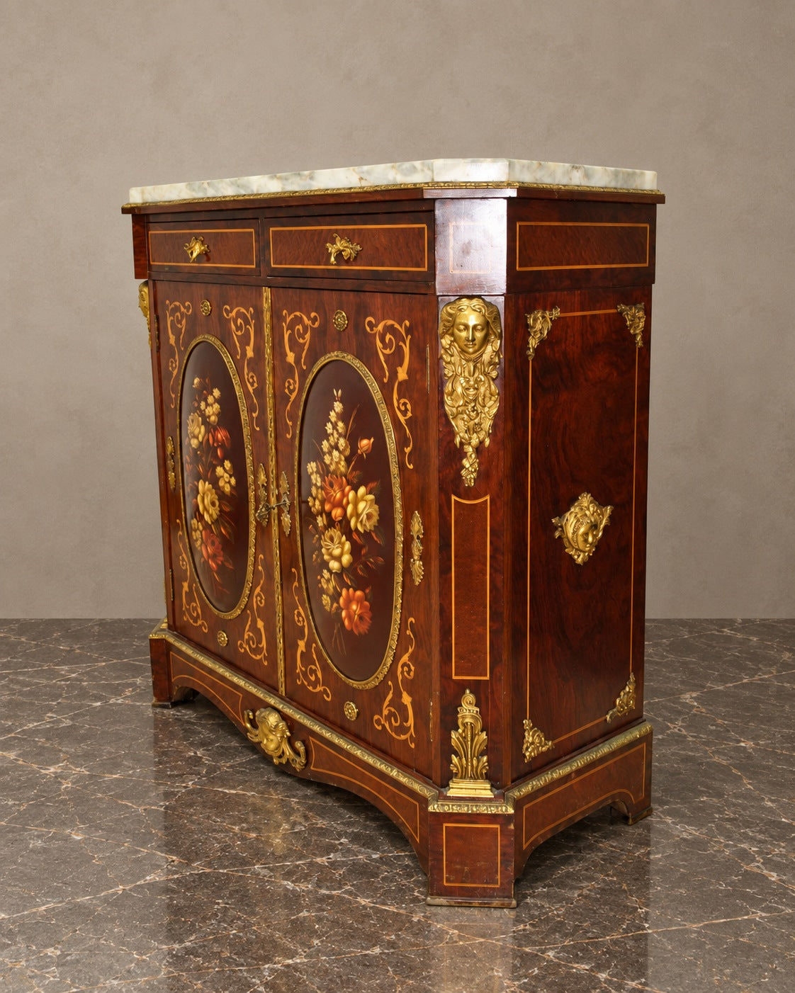 Floral Marquetry Cabinet with Marble Top — styled main view
