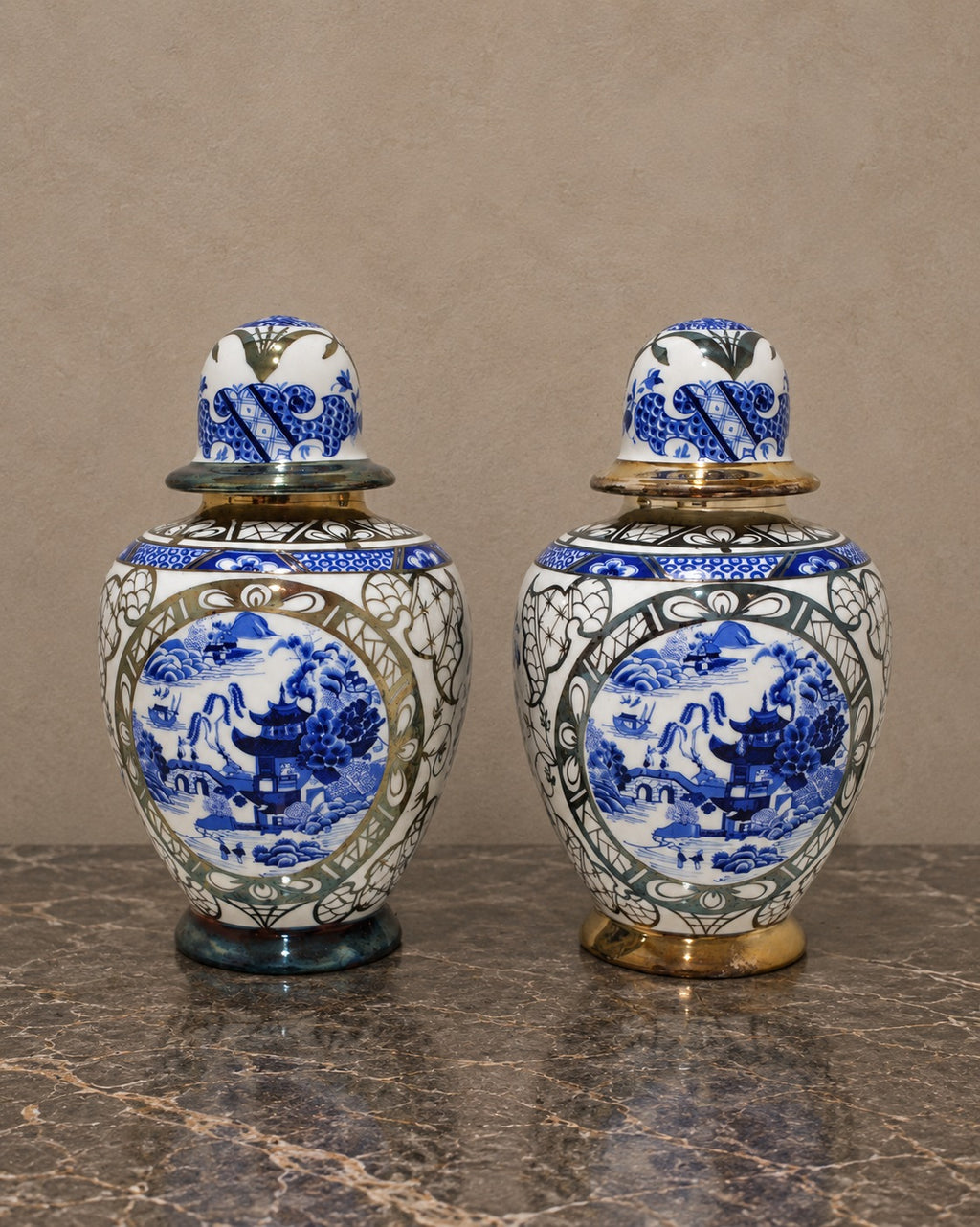 Pair of Bohemian Porcelain Landscape Jars — styled main view