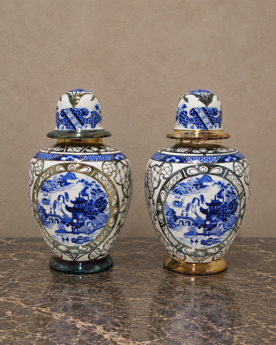 Pair of Bohemian Porcelain Landscape Jars — styled main view