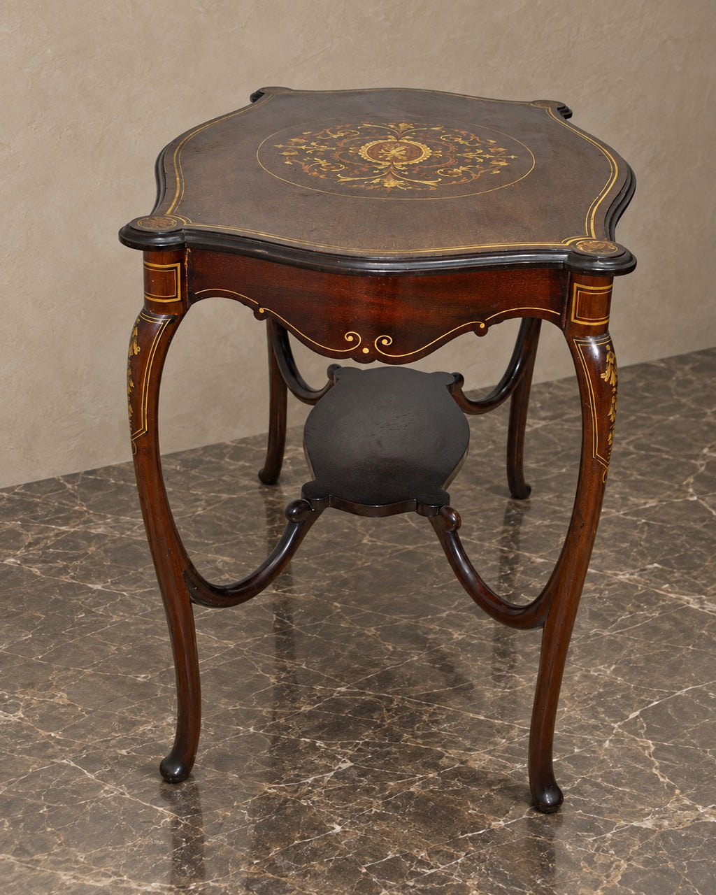 Floral Marquetry and Brass-Inlaid Side Table — styled main view
