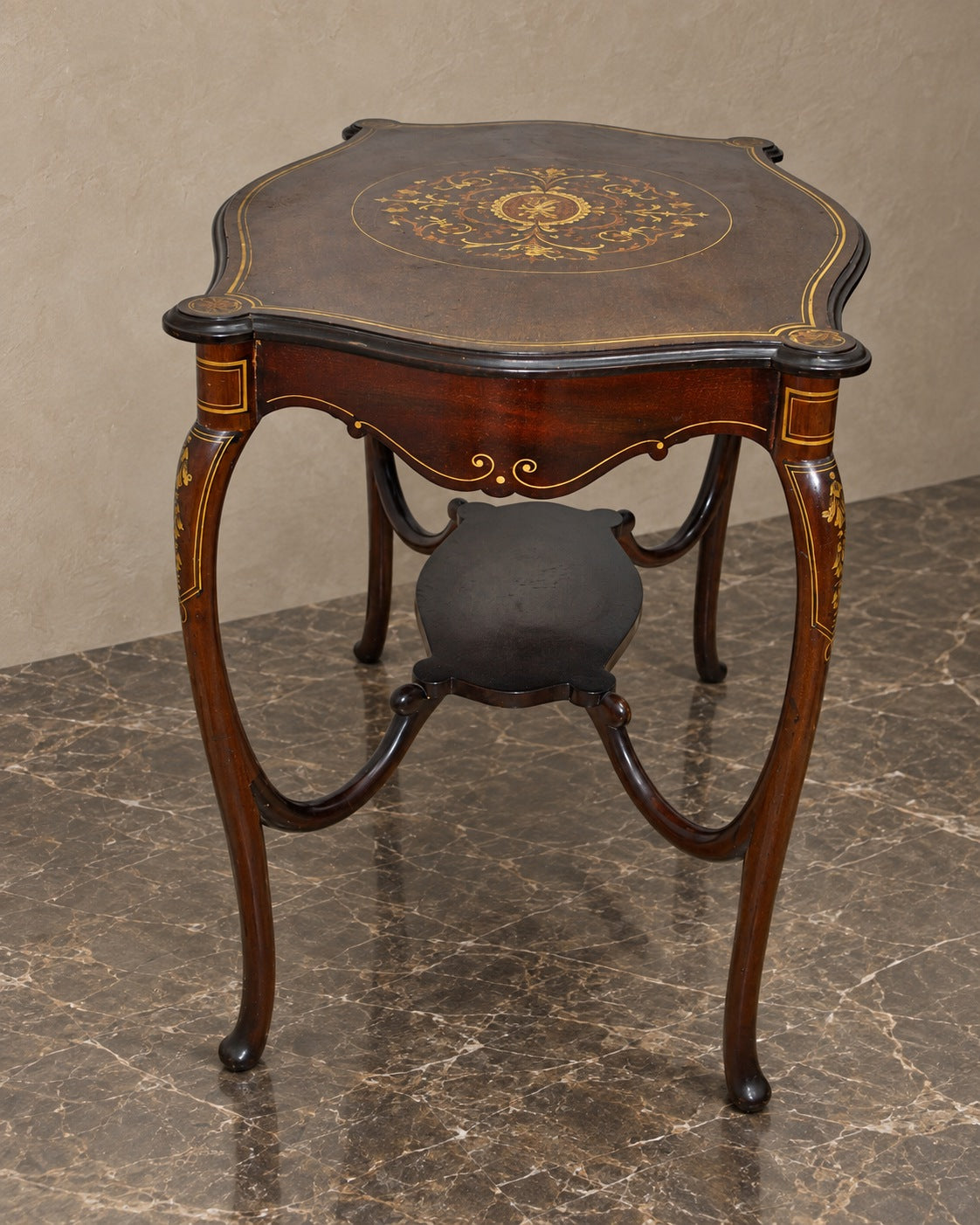 Floral Marquetry and Brass-Inlaid Side Table — styled main view