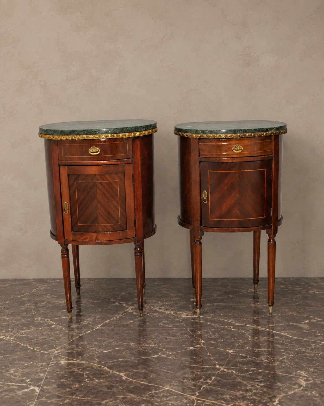 Pair of Demilune Bedside Cabinets with Green Marble — styled main view