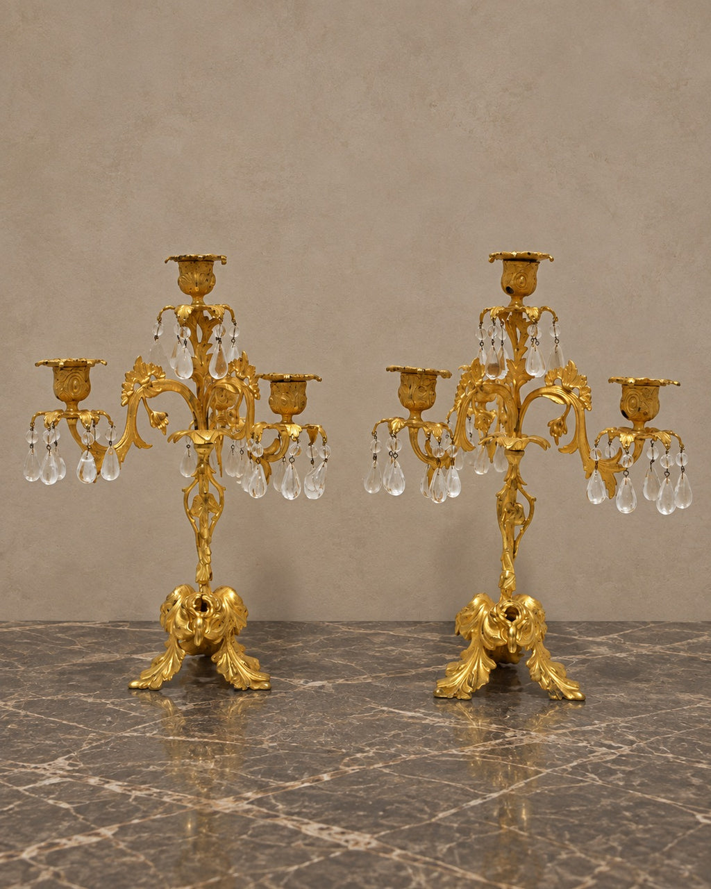 Pair of Rococo-Style Bronze and Crystal Candelabra — styled main view