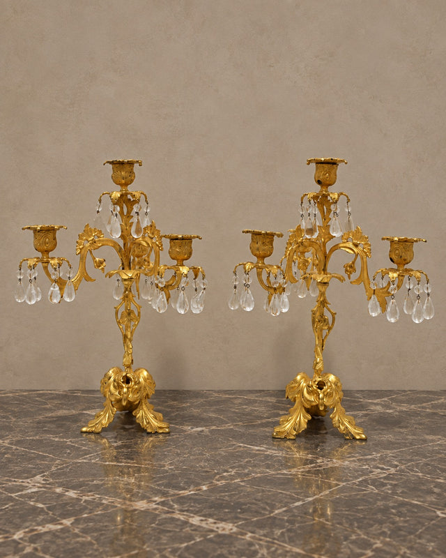 Pair of Rococo-Style Bronze and Crystal Candelabra