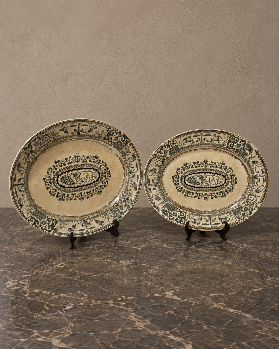 Pair of Victorian English Transferware Platters — styled main view