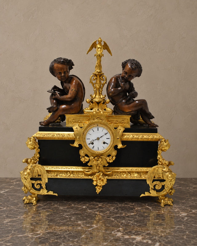 French Napoleon III Figural Bronze Mantel Clock