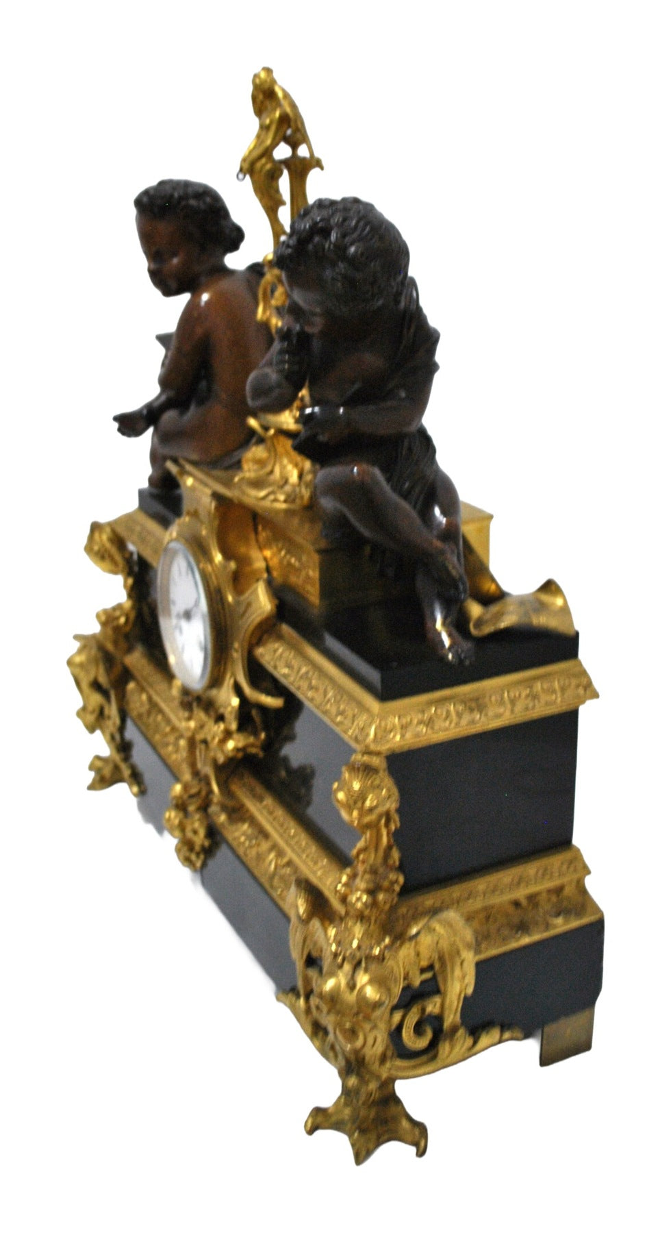 French Napoleon III Figural Bronze Mantel Clock — original detail view 1