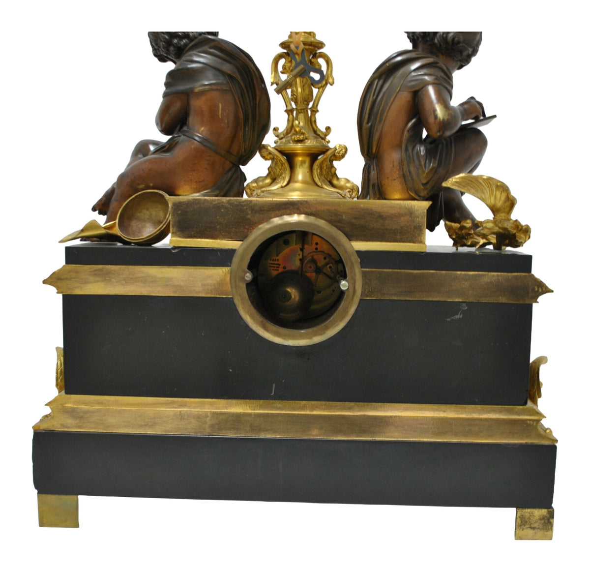 French Napoleon III Figural Bronze Mantel Clock — original detail view 2