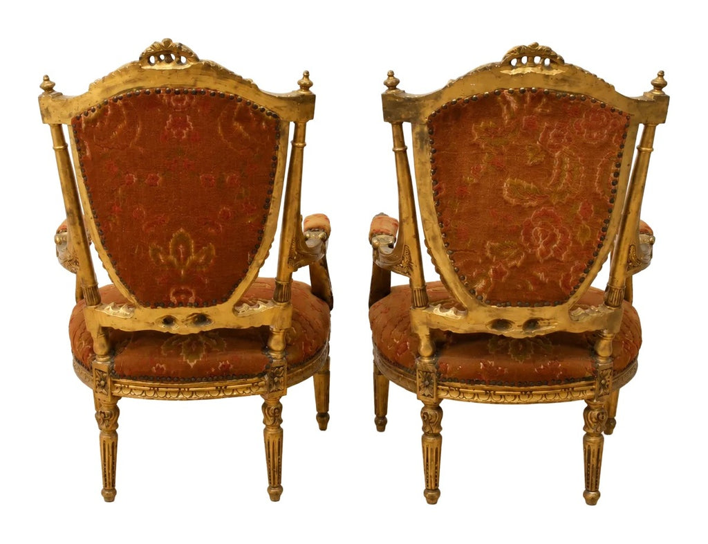 Pair of Gilt Louis XVI-Style Velvet Armchairs — original detail view 1