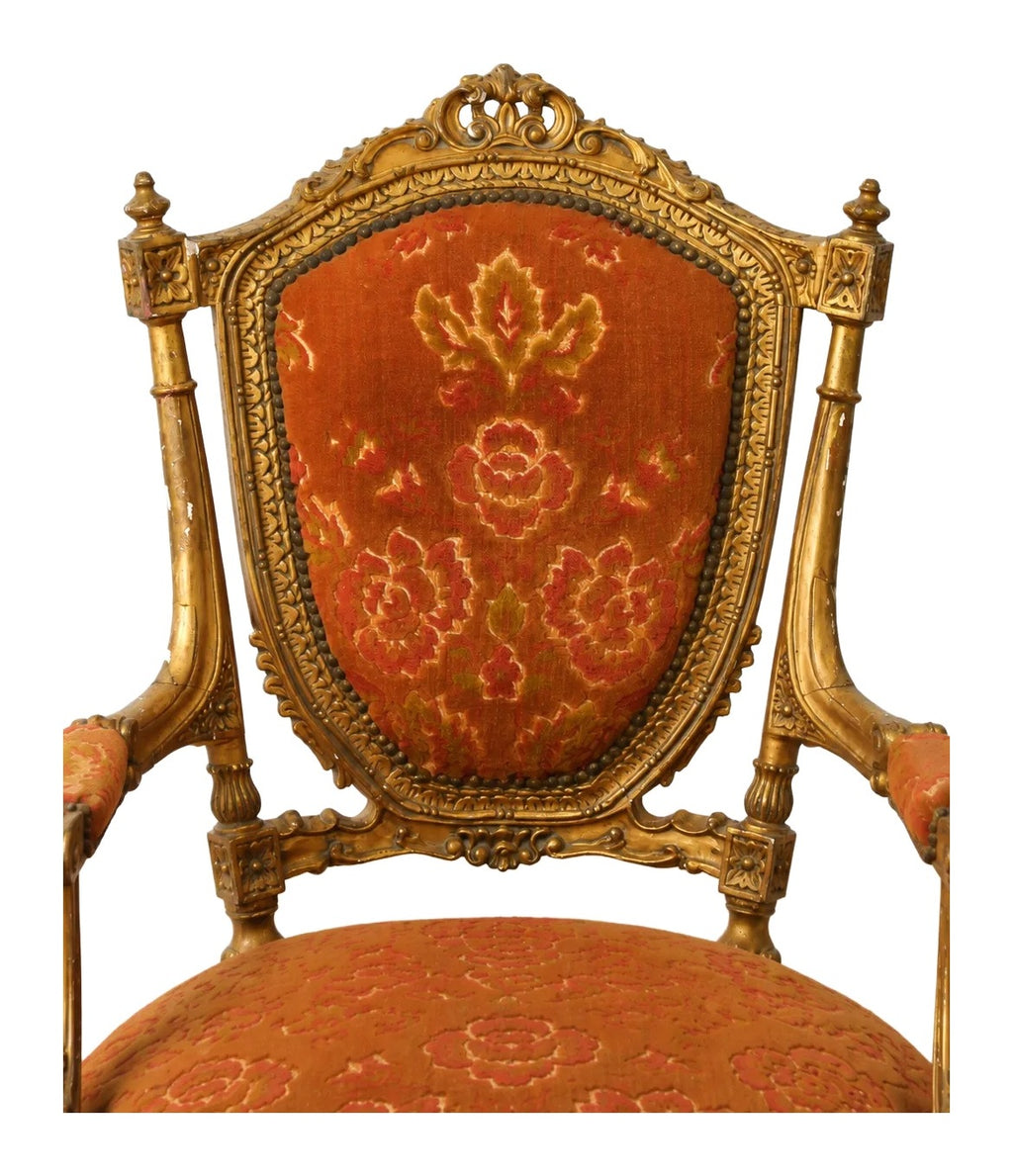 Pair of Gilt Louis XVI-Style Velvet Armchairs — original detail view 2
