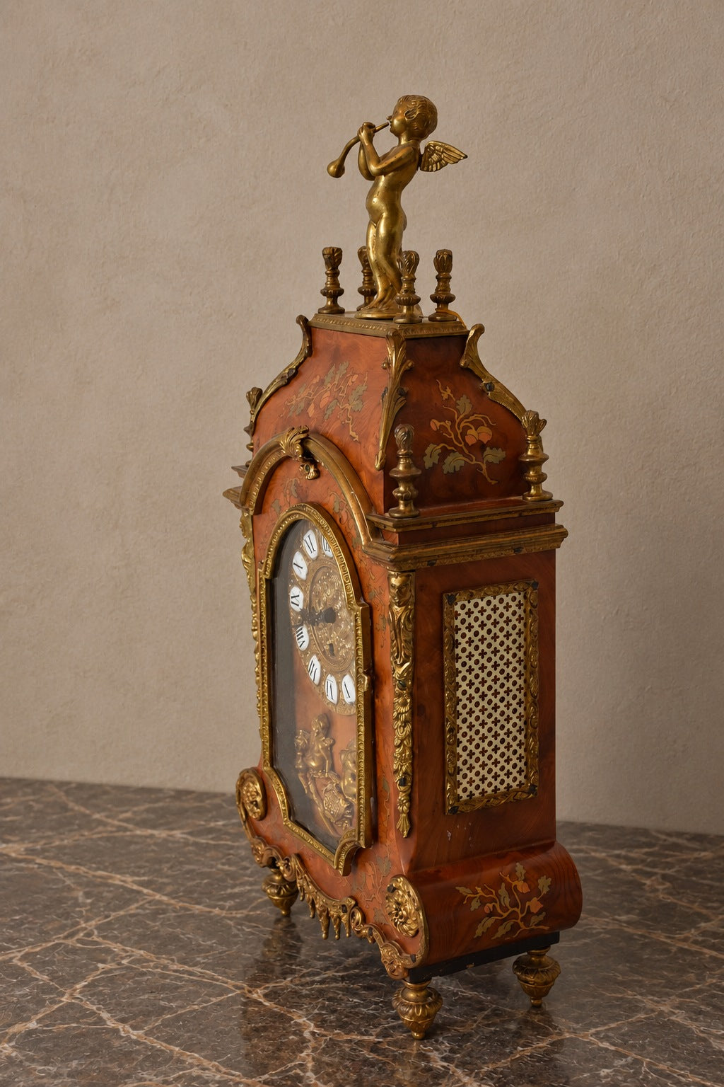 Louis XV-Style Marquetry Mantel Clock with Cherubs — styled main view