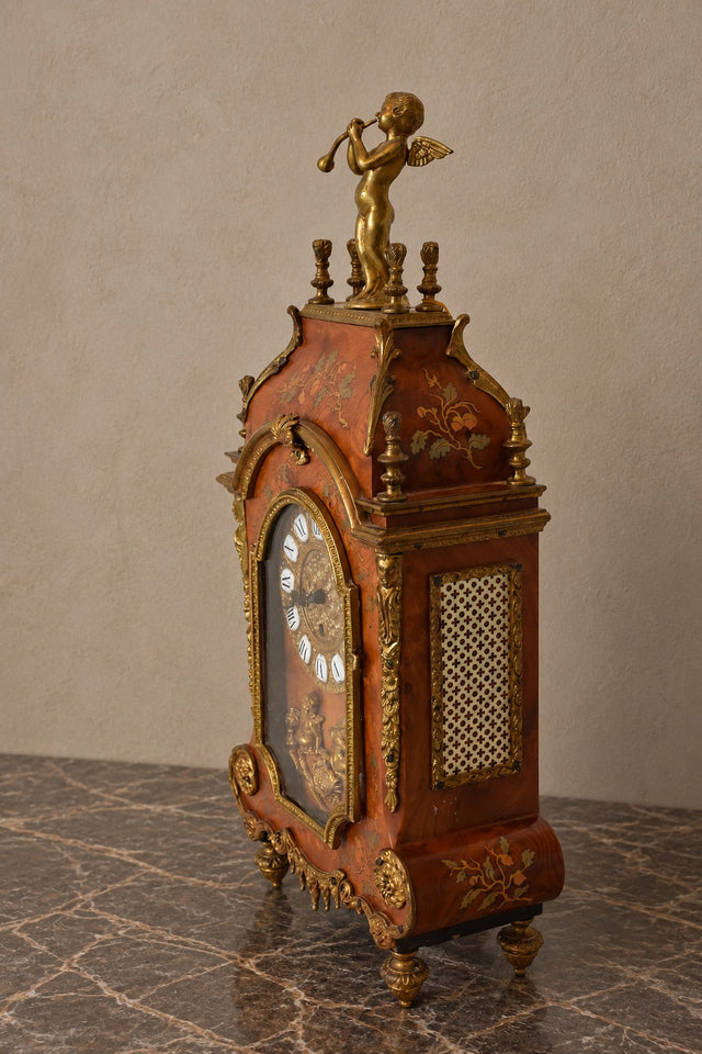 Louis XV-Style Marquetry Mantel Clock with Cherubs