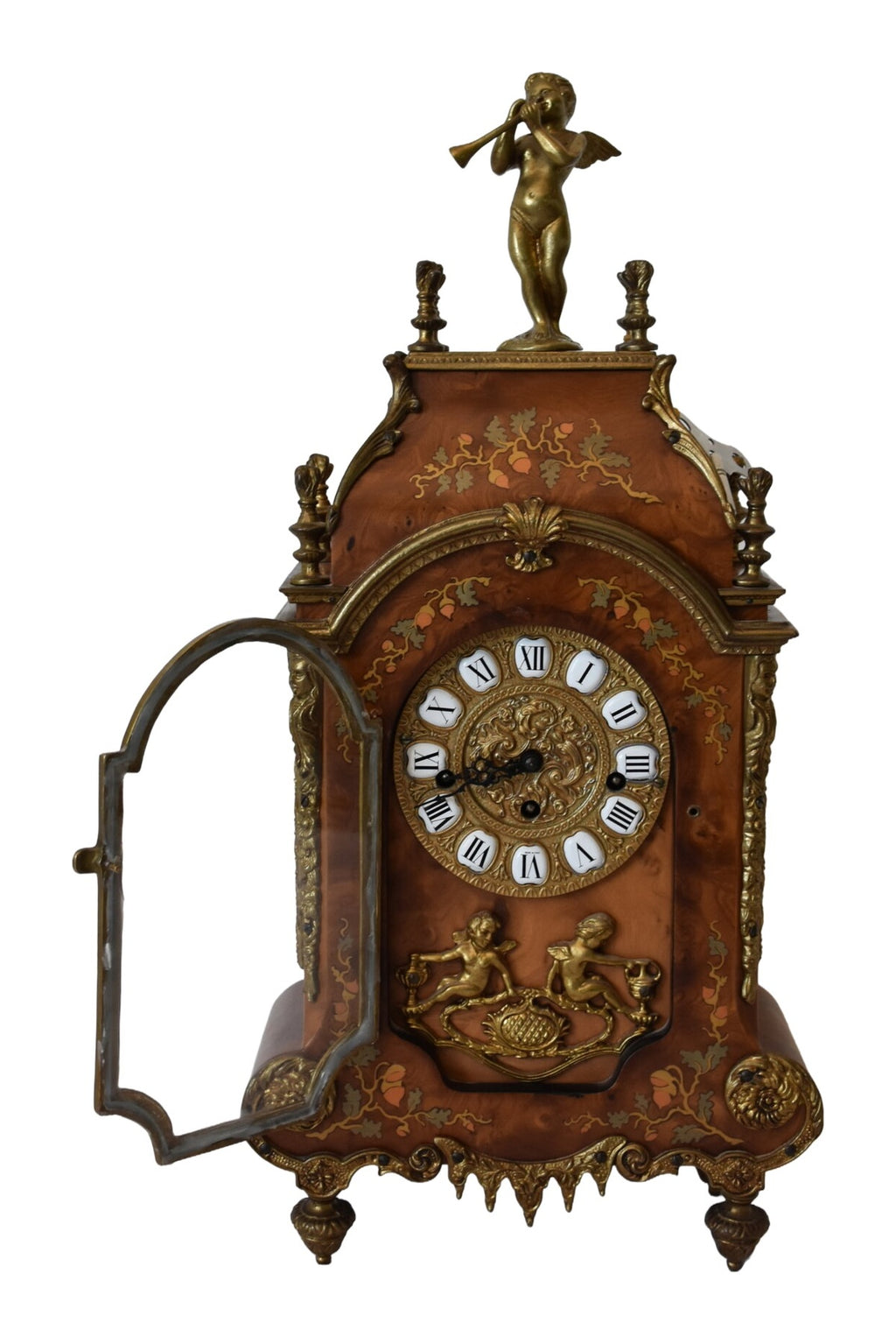 Louis XV-Style Marquetry Mantel Clock with Cherubs — original detail view 1