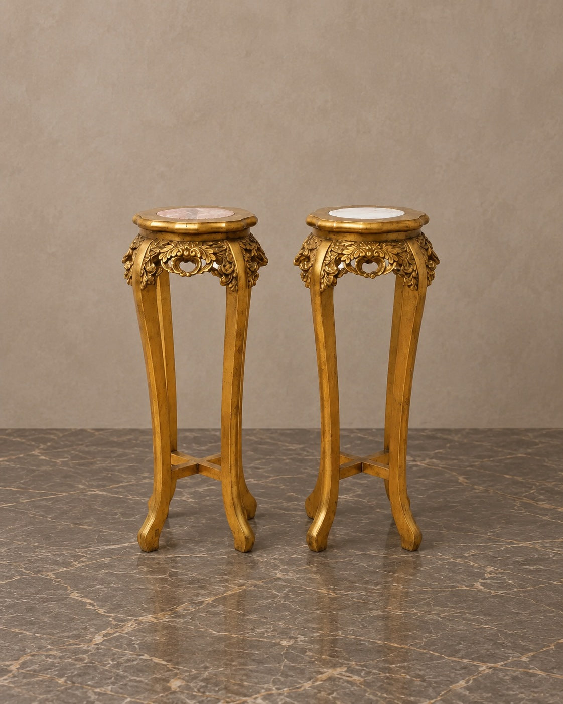 Pair of Giltwood Pedestals with Marble Tops — styled main view